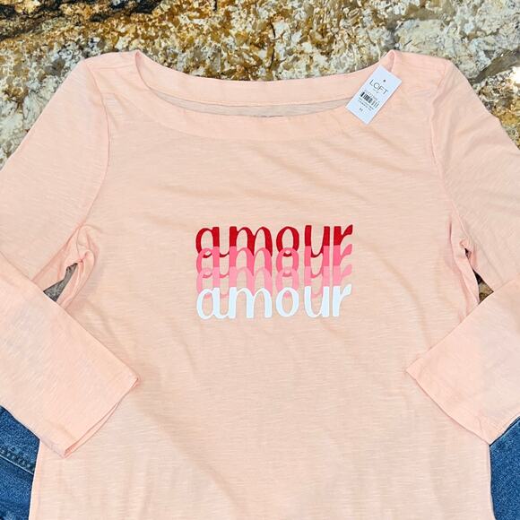NWT LOFT Pink W/Amour LOVE Graphic Boatneck Long Sleeved Top - Picture 3 of 8